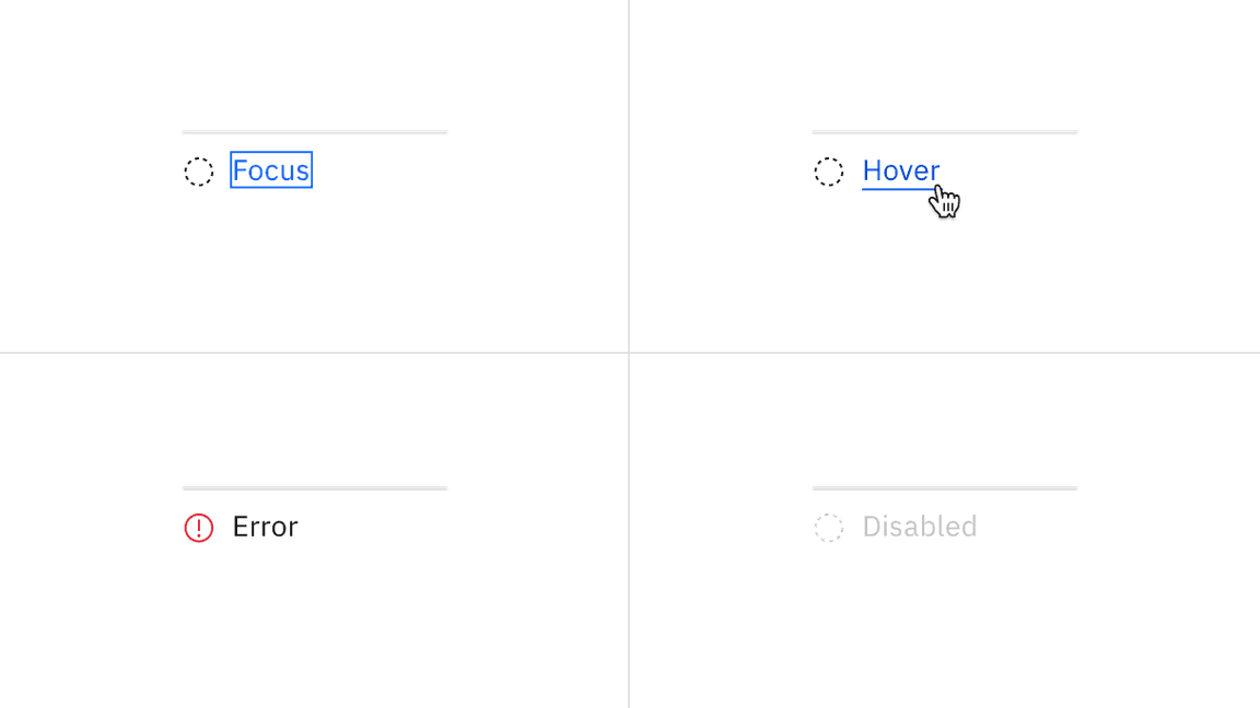 Examples of focus, hover, error, and disabled states for progress indicator